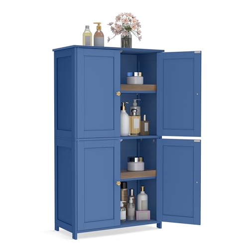 VASAGLE Floor Storage Cabinet, Shaker Cabinet with 2 Adjustable Shelves, 4 Doors, Tall Freestanding Organizer Unit, for Kitchen Bathroom Living Room, Bijou Blue UBBC553QE01S - color: Bijou Blue, style: 4 Doors（42.7"）