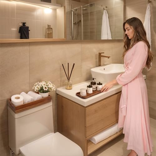 Handmade Toilet Tank Basket Topper & Vanity Tray Set of Natural Acacia Wood by DEMIGO, Created by Skilled Artisans, Smooth, Durable, Attractive Decor for Bathroom, Kitchen, Home, Spa - color: Brown