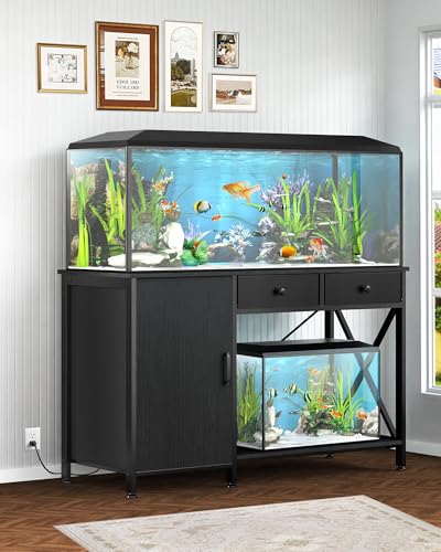 Fish Tank Stand for 55-75 Gallon Fish Tank: Aquarium Stand with Power Outlet - Metal 55 Gallon Tank Stand with Cabinet Drawer Storage for Turtle Tank, Reptile Terrarium (Black 1200LBS Capacity) - color: Blcak, size: 55-75 Gallon