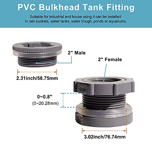 Ququyi 2 Inch PVC Bulkhead Water Tank Connector Adapter Fitting with Plugs Thru-Bulk Pipe Fitting for Rain Barrels, Aquariums, Ponds(Set of 1) - size: 2"-1pcs