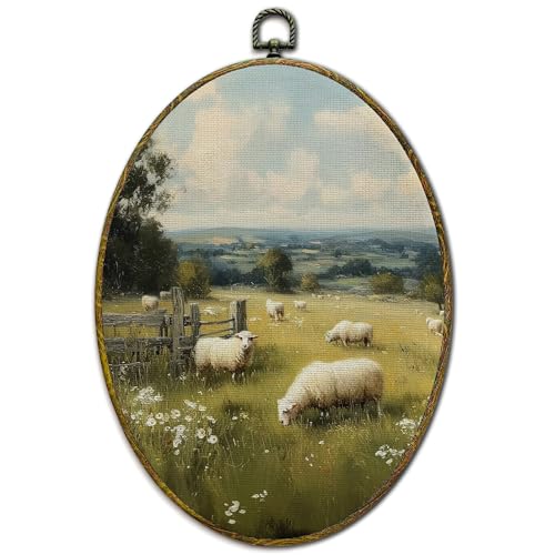 XFCICRLJ Vintage Farmhouse Sheep Wall Art Decor, Rustic Landscape Oval Canvas Prints Framed, Cottagecore Country Farm Animals Wall Art Decorations for Home Bedroom Living Room Decor, 11x8.5 Inch - color: Sheep03