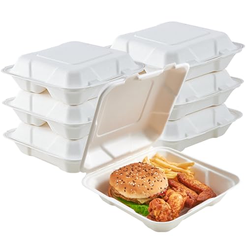ECOLipak 50 Pack Clamshell Take Out Food Containers, 100% Compostable Disposable To Go Containers, 8X8 inch Heavy-Duty To Go Boxes for Food - color: 8*8 in, 1-Compartment,50Pack