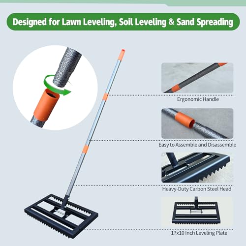 Lawn Leveling Rake 17x10 Inch, 6FT Heavy-Duty Carbon Steel Lawn Leveler – Yard Leveling Rake for Soil, Sand, Grass, Perfect for Lawn Repair, Pit Filling & Garden Maintenance - size: S
