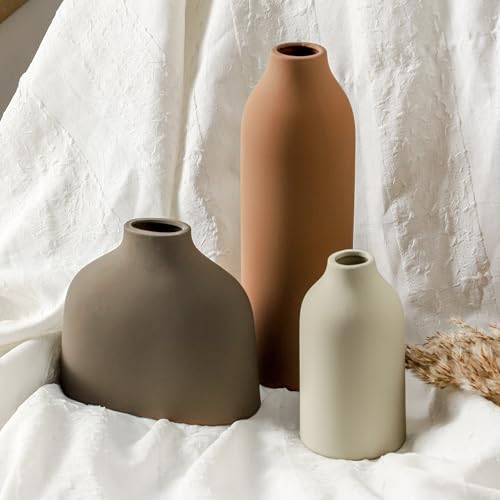 Enra Modern Ceramic Vase Set of 3 for Living Room Decor Centerpiece,Cute Small Farmhouse Rustic Pottery Vases for Pampas Grass, Dried Flowers, Artificial Plants,Tabletop Accents for Bookshelf Entryway - color: Multicolor-3