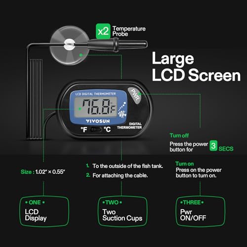 VIVOSUN 2-Pack LCD Digital Aquarium Thermometer Fish Tank Water Terrarium Temperature with Suction Cup for Turtle - size: 2 packs