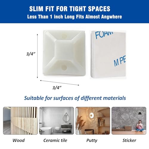 Strong Back-Glue Self Adhesive Cable Zip Tie Mounts Kit - 100 Set Cable Management Clips with 6" Zip Ties, Wire Holders - Outdoor Sticky Wire Organizer Clips - White - color: White, size: 100 Set