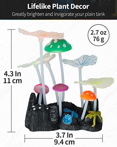 Uniclife Aquarium Coral Plant Ornament with Glowing Effect Imitative Mushroom Lotus Leaf Decoration Addition Colorful Lifelike Silicone Decor for Fish Tank Landscape - size: Mushroom&Lotus
