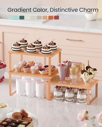 SONGMICS Cabinet Organizer Shelf, Set of 3 Kitchen Counter Shelves, Kitchen Storage, Spice Rack, Stackable, Expandable, Apricot UKCS220Y01V1 - color: Apricot