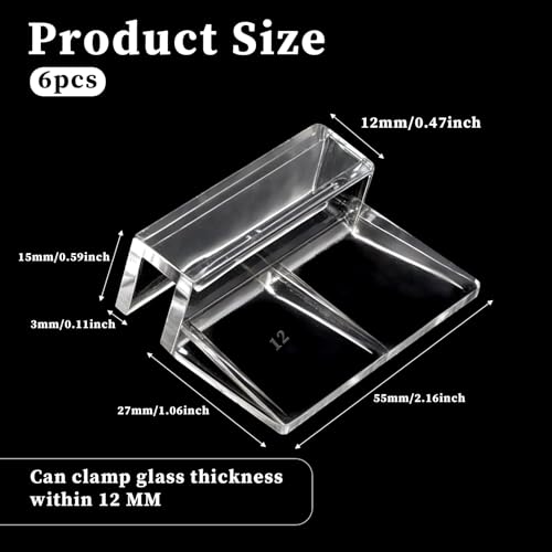 Sliverdew 6 PCS Aquarium Lid Clips for Thickness 12mm, Clear Acrylic Fish Tank Lid Holder Aquarium Hoods Support Clamps for Rimless Fish Tank Glass Top - size: for 12mm thickness