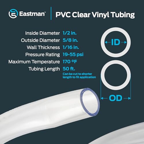 Eastman 1/2 Inch ID (5/8 Inch OD) PVC Clear Vinyl Tubing, 50 Foot Length, 98623 - size: 1/2 in. ID x 5/8 in. OD, style: 50 Ft.