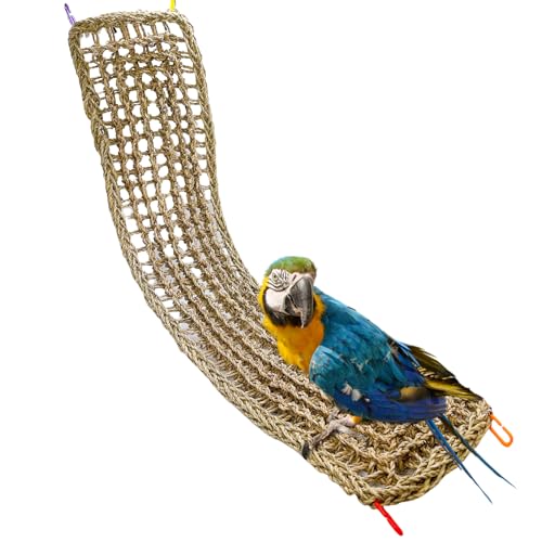 Bird Seagrass Mat 39.4×7" Natural Grass Woven Net Hammock Hanging on Parrot Cage with Hooks Parakeet Climbing Rope Ladder Chew Toys for Lovebird Cockatiel Conure Budgie Cockatoo Supplies - size: 39.4×7''