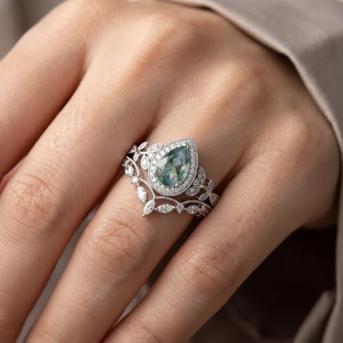 Natural Moss Agate Engagement Ring Set for Women, Unique Genuine Moss Agate Ring, 925 Sterling Silver 10K 14K 18K Solid Gold Nature Inspired Bridal Set, Boho Wedding Jewelry Gift - color: Three