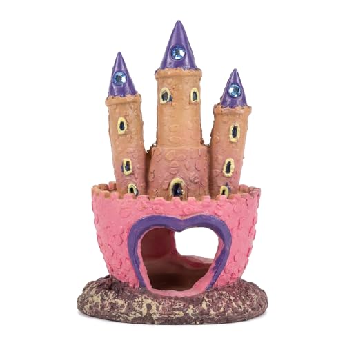 Pink Resin Aquarium Castle Decor, Fish Tank Cave Hideout for Betta Fish, Shrimp, Cichlids - Princess Style Ornament Safe for Freshwater & Saltwater Tanks, Medium Size