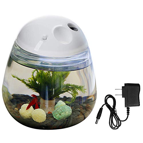Mini Betta Fish Tank, Small Fish Bowl, Plastic Fish Tank with Lid, Desktop Clear Round Fish Bowl and LED for Small Fish, Insect, Shrimp, Crab, Jellyfish Goldfish, Room Decor (with Charger Pattern)