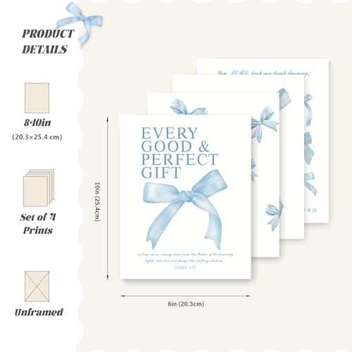 LARTSFRO Coquette Blue Bow Wall Art Decor Posters, Baby Blue Bow Room Bedroom Bathroom Dorm Wall Art Decor Aesthetic for College Teen Girls Gifts, Inspirational Bible Verses Bow Wall Decor, 10x8 Inch Set of 4 Pcs Bow Pictures (UNFRAMED) - color: baby blue