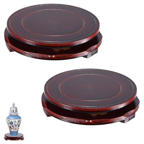 M METERXITY 2 Pack Display Stand, Brown Wooden Stands for Display, Stable Round Base Stand Decor for Fishbowl Planter [Rotation, 5.91'' x 1.34''] - size: 5.91'' Top Diameter