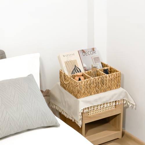 KOKODO Divided Storage Basket Woven Natural Basket Hyacinth for Organizing Bathroom Kitchen Shelves Office Supplies Organization Everyday Wicker Storage Baskets 4 Section Rectangular Tray - color: Divided 4-section