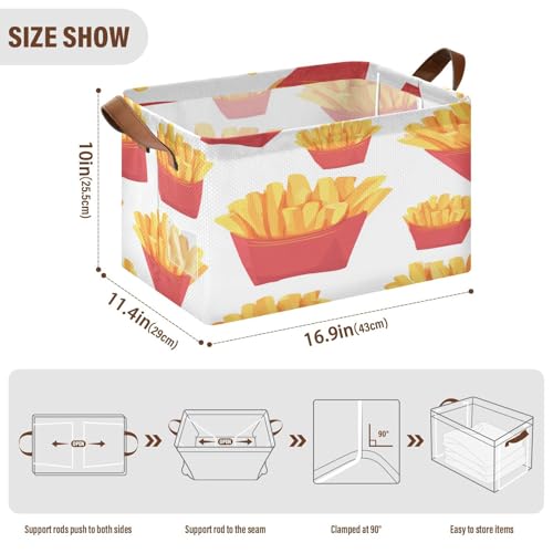 Ollabaky Collapsible Rectangular Closet Storage Bin Fast Food French Fries Shelf Basket Box with Leather Handles - Storage Cube, Nursery Storage, Laundry Hamper