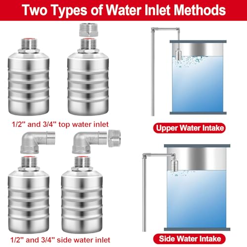 Automatic Float Valve for Water Tank, 2 Pack Stainless Steel Tank Float Valve 1/2" & 3/4", Auto Shut Off Water Level Control Valve for Livestock Trough, Aquarium, Pool