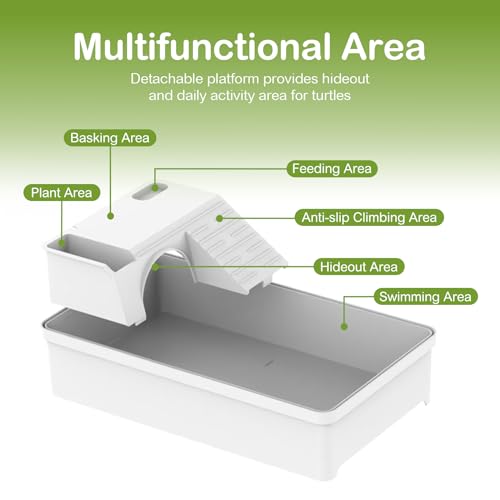 Turtle Tank Acrylic Habitat Kit with Silent Filter & Bottom Drain,UVB Basking Platform Light,Multi-Zone Aquatic Tortoise Enclosure with Hideout,Feeding Area,Plant,Net & Accessories for Baby