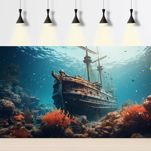 Underwater Seascape Aquarium Background Vibrant Undersea Reefs Corals Sunken Pirate Ship Fish Tank Background Under The Sea Rusty Debris Retro Ship Terrarium Backgrounds Ocean Tank Backgrounds 24x12in - color: Blue_Brown, size: 24(W)x12(H)in
