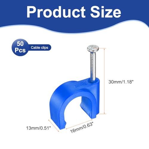 HARFINGTON 50pcs Cable Clips with Nail 16mm Thicken Circular Single Half Clamp J-Hook with Nail Cord Clips for Wires on Wall for Ethernet Tacks Coax Pex Tubing Pipe Support, Blue - color: Blue, size: 16mm