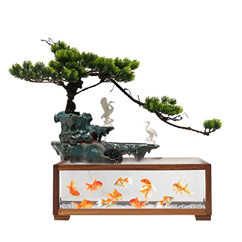 Tabletop Water Fountains Indoors with LED Light, Fake Plants，Rockery and Aquariums Water Fall Indoor for Living Room Office Decor (Fish Tank Size: 17.7L x 8.3W x 6H Inch - style: style B