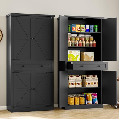 BORNOON Pantry Organizers and Storage Cabinet, 67.7” Barn Door White Kitchen Cabinet with Drawers and Adjustable Shelf, Tall Pantry for Kitchen, Dining Room, Living Room - color: Black, size: Single Drawer