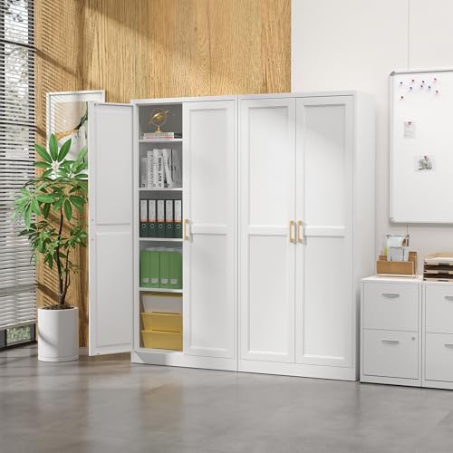 SteeLoong Kitchen Pantry Cabinet,71”White Metal Pantry Storage Cabinet with Doors and 4 Adjustable Shelves,Kitchen Cabinet with 2 Gold Handles,Tall Cabinet for Livingroom,Pantry, Bathroom,Kitchen - color: White, size: 71"H