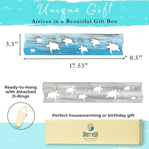 Sea Turtle Driftwood Wall Art & DIY Key Holder – Handmade Coastal Home Decor – 17.5" Genuine Weathered Wood Plank with 5 Removable Hooks for Keys, Leashes, and Jewelry – Beach House Entryway Organizer (Turtle Bay) - style: Turtle Bay