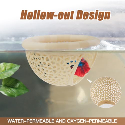 WishLotus Floating Betta Hideout, Aquarium Fish Cave 3D-Printed Shrimp Hide Multi-Functional Fish Tank Cave with 1 Betta Leaf Aquarium Hammock for Shrimp Small Pets (Beige, M)