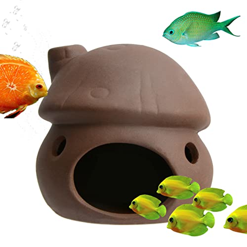 Ceramic Mushroom House Aquarium Decorations, Cichlid Caves Gold Fish House for Betta Goldfishes Cichlid to Rest, Breed, Hiding, Fish Tank Accessories - Brown - color: Brown