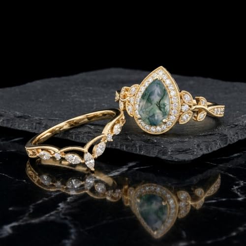 Natural Moss Agate Engagement Ring Set for Women, Unique Genuine Moss Agate Ring, 925 Sterling Silver 10K 14K 18K Solid Gold Nature Inspired Bridal Set, Boho Wedding Jewelry Gift - color: Three