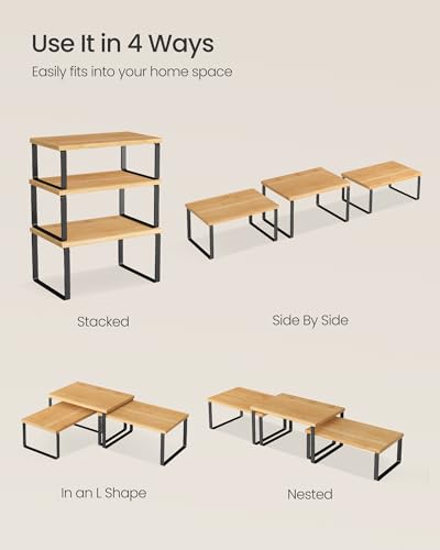 SONGMICS Cabinet Organizer Shelf, Set of 3 Kitchen Counter Shelves, Kitchen Storage, Spice Rack, Stackable, Expandable, Ink Black and Natural Beige UKCS014YL03 - color: Ink Black + Natural Beige