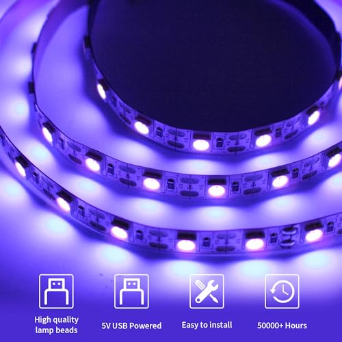 iNextStation UV Black LED Light Strip USB, 2M/6.6ft 5V SMD5050 LEDs 395nm-405nm Blacklight Strip for Fluorescent, 3D Print Curing, Computer Case, UV Poster, UV Body Paint, Room Décor - color: UV Black, size: With USB/6.6FT