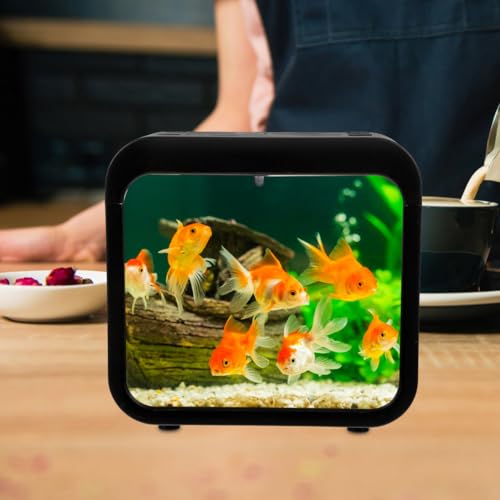 Mini Fish Tank with Light Color Changing Led Small Transparent Fish Breeding Box Desktop Aquarium for Home Decor 5.11X4.72X3.14 Inches - color: Black