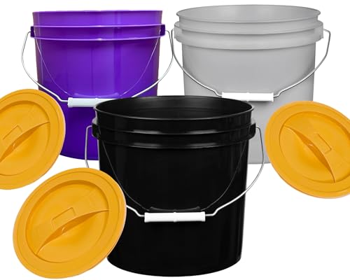 House Naturals 2 Gallon Purple Food Grade BPA Free Made in USA Bucket with Screw On Lid - Pack of 3 (Purple,Gray,Black, Orange lids) - color: Purple,gray,black, Orange Lids