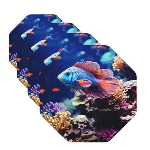 Drink Coasters Set of 4 Leather Coasters for Drinks Coral Reef Fish Aquarium Round Cup Mat Pad Easy Clean Bar Coasters Heat Resistant Funny Cup Coasters for Tabletop Protection,4 Inches - color: Octagon