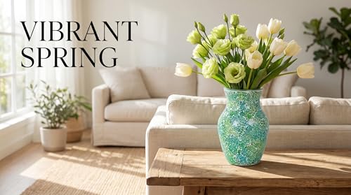 8" Organic Green Mosaic Vase, Heavy Glass Healing Spring Decor Centerpiece, Hand-Pasted Crackle Glass Flower Vase with Anti-Slip Base, Boho Nature Accent for Living Room & Bathroom - color: Organic Green