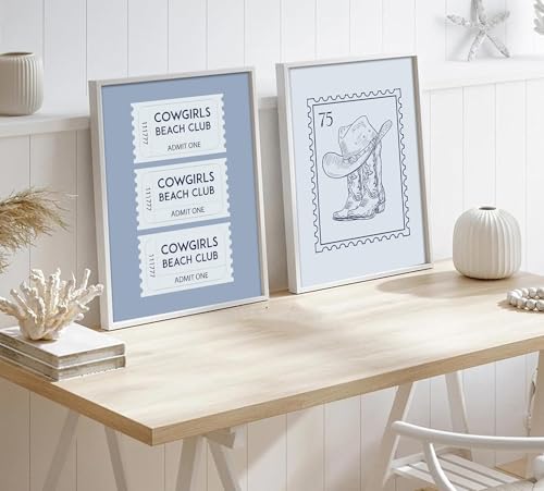 Cowgirl Beach Club Wall Art Set of 6, Western Coastal Blue and White Canvas Prints Nautical Pictures Wall Decor Summer Beach Poster Prints for Coastal Home Vacation House 8x10 inch unframed - color: Cowgirl Beach Club, size: 8x10in