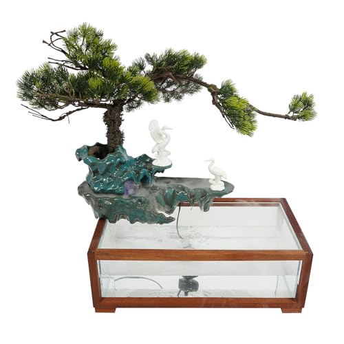 Tabletop Fountain Elegant Indoor Crane Water Fountain w/Fish Tank & Atomizer, Desktop Decoration with LED, Fake Plants Feng Shui Decor for Office Home
