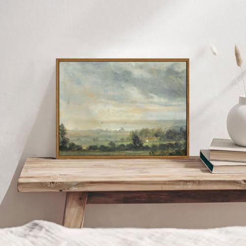 OIQArtOIQ Vintage Framed Wall Art Pastoral Landscape Canvas Art Prints Rustic Farmhouse Pictures Wall Decor Modern Cottagecore Paintings Artwork For Bedroom Kitchen Bathroom Office Living Room - color: Cloudy Sky, size: 12x16 in