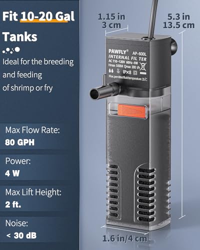 Pawfly Internal Aquarium Filter with 80 GPH Water Pump Quiet Submersible Bio Sponge Foam Filter for 10 to 20 Gallon Fish Tanks Small Multifunctional Filter for Filtration Circulation and Oxygenation - size: 10-20 Gal