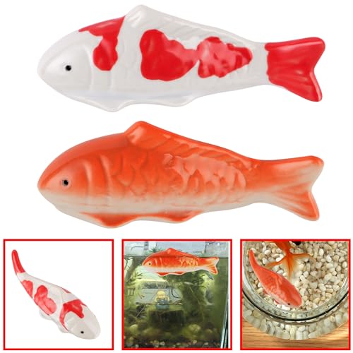 Ceramic Floating Fish Set, 2Pack Realistic Goldfish & Koi Figurines for Aquariums, Tea Pet Adornments, Fairy Garden Accents, and Pond or Desktop Decorations.