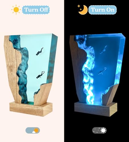 Handmade 3D Ocean Resin Lamp-Handcrafted Diving Night Light,Multiple Adjustable LED Light Sources Wooden Base with USB Port,Birthday Gift for Boyfriend Girlfriend Men Dad Divers(6"x4") - style: Two Divers