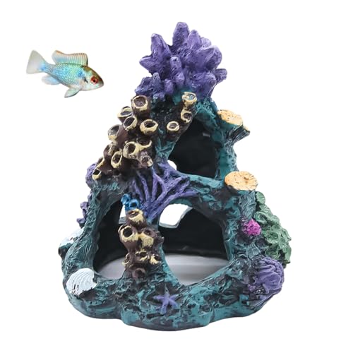 Colorful Resin Fish Tank Ornament with Multiple Hiding Spots, Safe Shelter for Small and Medium Aquariums, Stress-Relief Underwater Decor, Easy to Clean (Coral Reef)