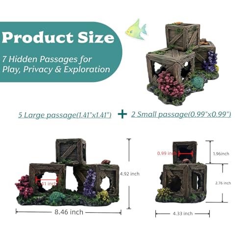 Fish Tank Decorations Hideout for Betta, Shrimp & Guppies – Two-Level Wooden Crate with Realistic Coral, Sponge & Seaweed, Stable Rock Base, Aquarium-Safe Resin - 8.5x4.3x4.9 Inch