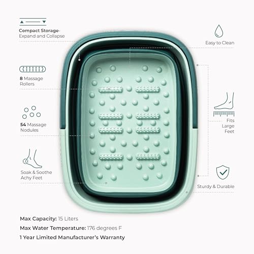 Mantello Collapsible Foot Bath Foot Soaking Tub | Portable Foot Spa Pedicure Bowl | Large Basin to Soak & Wash Feet | Folding Bucket with Carry Handle | White & Grey, Blue, Green [Green] - color: Collapsible Tub Green