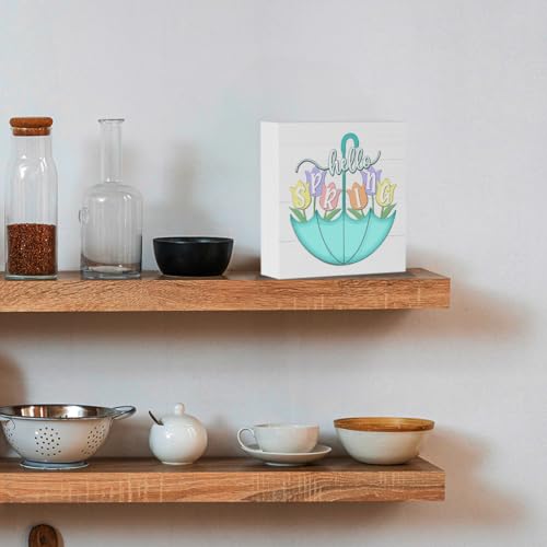 Spring Decorations for Home Spring Decor for Table Funny Springtime Umbrella Tulip Flowers Decorative Springtime Home Decor Gifts for Women 5 X 5 Inch - color: Hello Spring