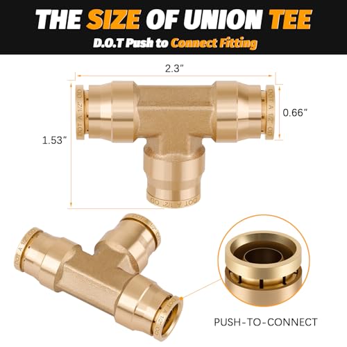 1/2" Tee Union DOT Air Fittings, Quick Push to Connect Fittings Brass Union Tee, 4PCS DOT Approved Air Brake Line Fittings for Trucks Trailers and Industrial Use - color: DOT Union Tee, size: 1/2" Od